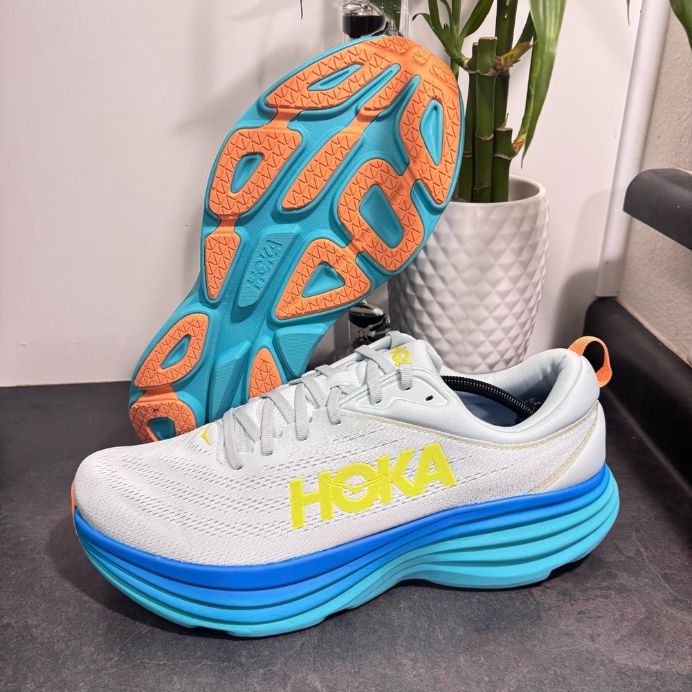 HOKA Bondi Running Shoes Men’s 14 NWOT Light Grey Blue Orange Max Cushion